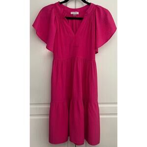 Calvin Klein Split-Neck, Flutter Sleeve Pink Tiered Dress w/Self Tie Size 6 NWOT